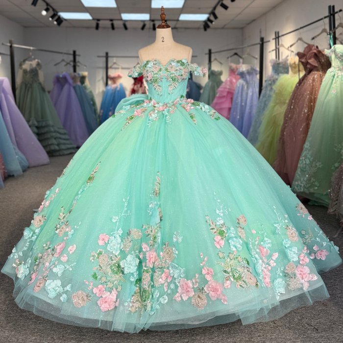 2025 Green Quinceanera Dress Sweet 15 Quinceañera Flowers Vestidos De 15 Años Sequined Beading Lace Evening Party Dress 1229
