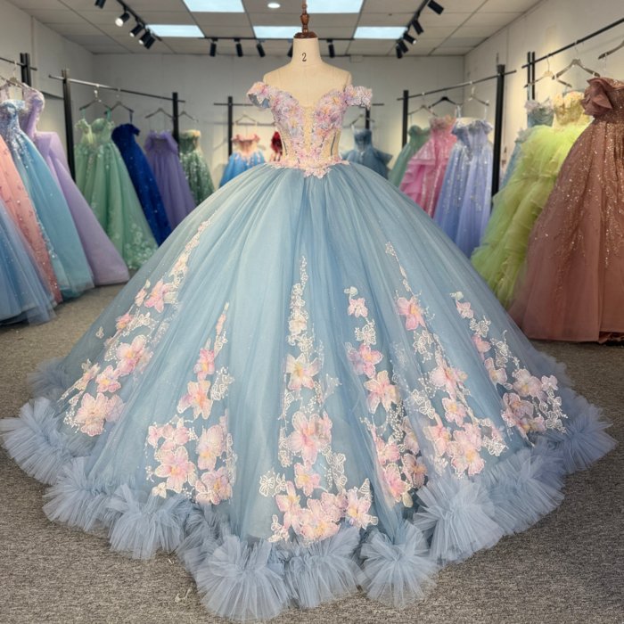 2025 Quinceanera Dress Off Shoulder Sweet 15 Quinceañera Flowers Vestidos De 15 Años Sequined Beading Lace Evening Party Dress 1305