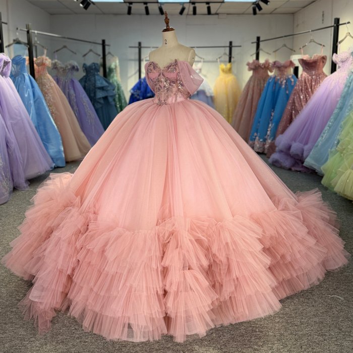 2025 Pink Quinceanera Dress Sweet 15 Rosa Quinceañera Flowers Vestidos De 15 Años Off Shoulder Sequined Beading Lace Evening Party Dress 1311 - Image 5