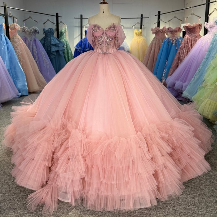 2025 Pink Quinceanera Dress Sweet 15 Rosa Quinceañera Flowers Vestidos De 15 Años Off Shoulder Sequined Beading Lace Evening Party Dress 1311