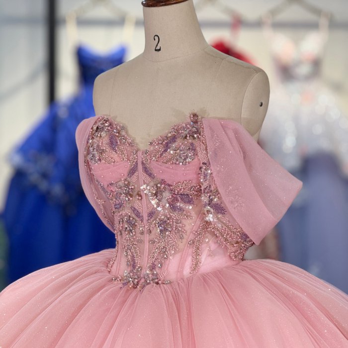 2025 Pink Quinceanera Dress Sweet 15 Rosa Quinceañera Flowers Vestidos De 15 Años Off Shoulder Sequined Beading Lace Evening Party Dress 1311 - Image 3