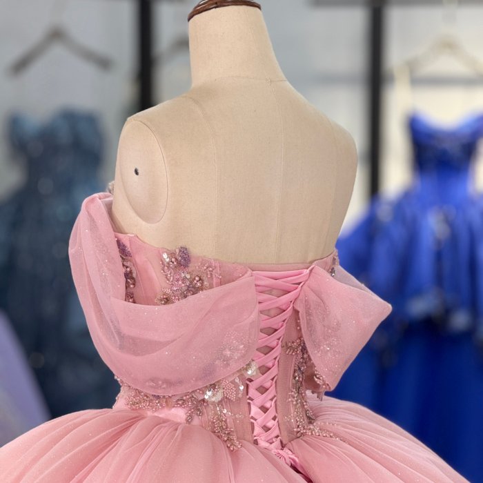 2025 Pink Quinceanera Dress Sweet 15 Rosa Quinceañera Flowers Vestidos De 15 Años Off Shoulder Sequined Beading Lace Evening Party Dress 1311 - Image 4
