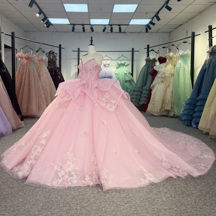 2025 Pink Quinceanera Dress Strapless Sweet 15 Quinceañera Flowers Vestidos De 15 Años Sequined Beading Lace Evening Party Dress 1341 - Image 5