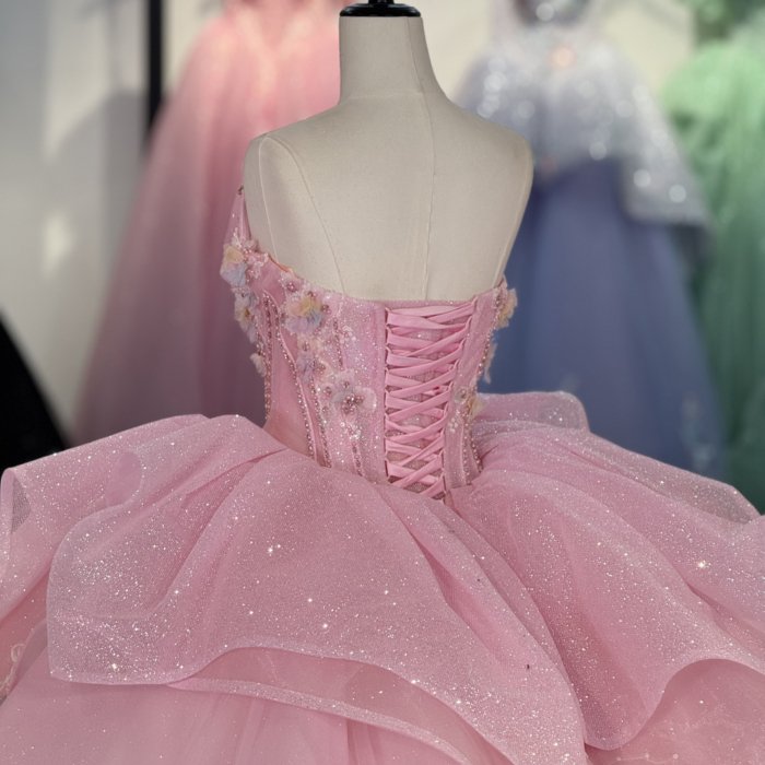 2025 Pink Quinceanera Dress Strapless Sweet 15 Quinceañera Flowers Vestidos De 15 Años Sequined Beading Lace Evening Party Dress 1341 - Image 4