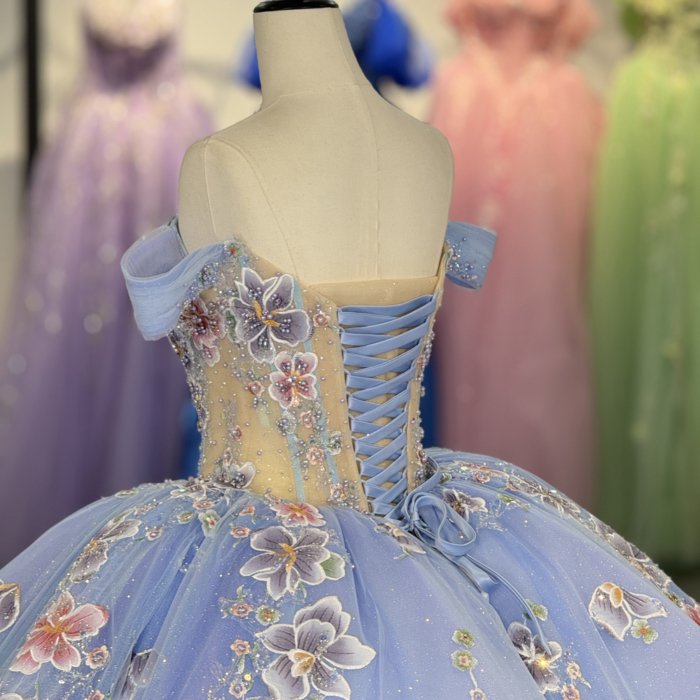 2025 Blue Quinceanera Dress Sweet 15 Quinceañera Flowers Vestidos De 15 Años Sequined Beading Lace Evening Party Dress 1343 - Image 4