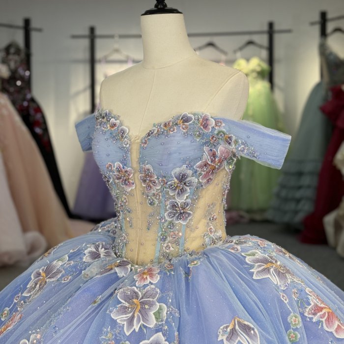 2025 Blue Quinceanera Dress Sweet 15 Quinceañera Flowers Vestidos De 15 Años Sequined Beading Lace Evening Party Dress 1343 - Image 3