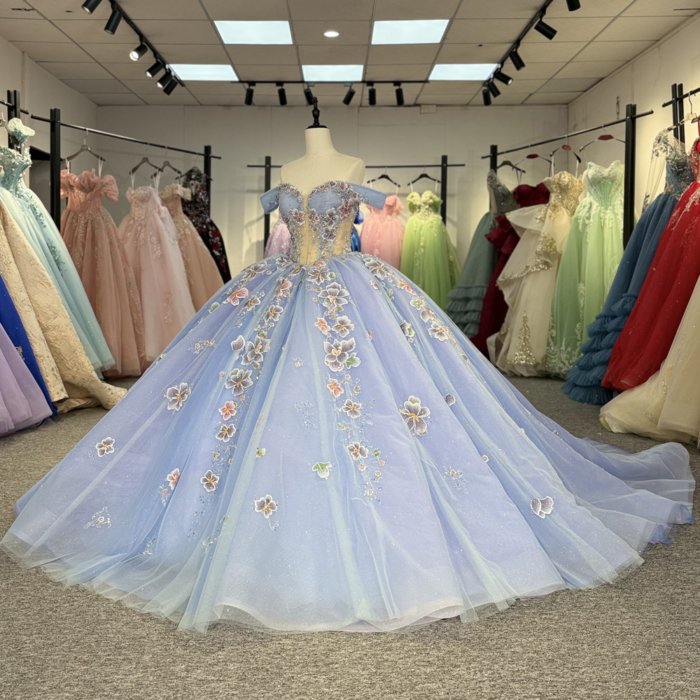 2025 Blue Quinceanera Dress Sweet 15 Quinceañera Flowers Vestidos De 15 Años Sequined Beading Lace Evening Party Dress 1343 - Image 5