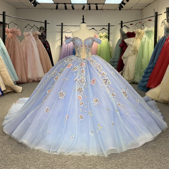 2025 Blue Quinceanera Dress Sweet 15 Quinceañera Flowers Vestidos De 15 Años Sequined Beading Lace Evening Party Dress 1343