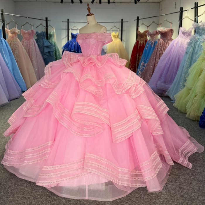 2025 Pink Quinceanera Dress Off Shoulder Sweet 15 Quinceañera Flowers Vestidos De 15 Años Sequined Beading Lace Evening Party Dress 1352 - Image 5
