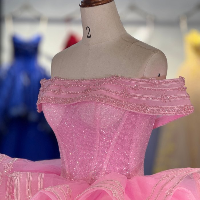 2025 Pink Quinceanera Dress Off Shoulder Sweet 15 Quinceañera Flowers Vestidos De 15 Años Sequined Beading Lace Evening Party Dress 1352 - Image 3