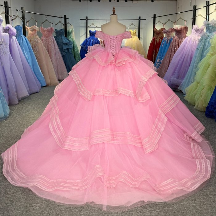 2025 Pink Quinceanera Dress Off Shoulder Sweet 15 Quinceañera Flowers Vestidos De 15 Años Sequined Beading Lace Evening Party Dress 1352 - Image 2