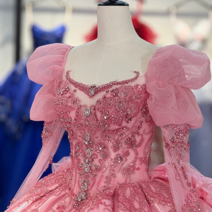 2025 Pink Quinceanera Dress Puff Long Sleeves Sweet 15 Quinceañera Flowers Vestidos De 15 Años Sequined Beading Lace Evening Party Dress 1353 - Image 3
