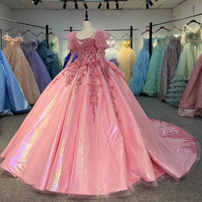 2025 Pink Quinceanera Dress Puff Long Sleeves Sweet 15 Quinceañera Flowers Vestidos De 15 Años Sequined Beading Lace Evening Party Dress 1353 - Image 5