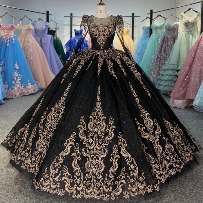 2025 Black Gold Quinceanera Dress Sweet 15 Quinceañera O-Neck Long Sleeves Flowers Vestidos De 15 Años Sequined Beading Lace Evening Party Dress 1363
