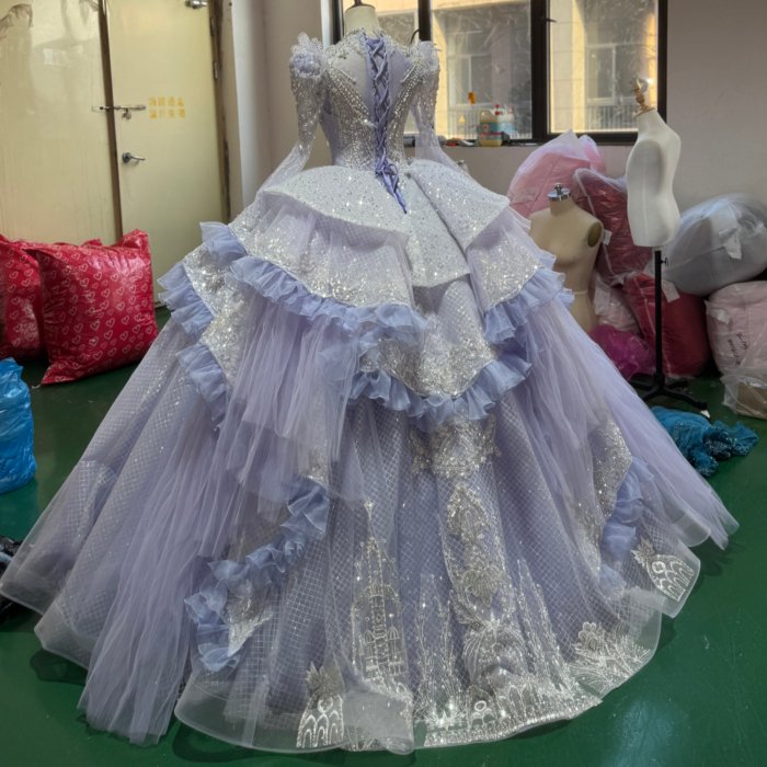 2025 Quinceanera Dress Long Sleeves High Neck Sweet 15 Quinceañera Flowers Vestidos De 15 Años Sequined Beading Lace Evening Party Dress XS190 - Image 2
