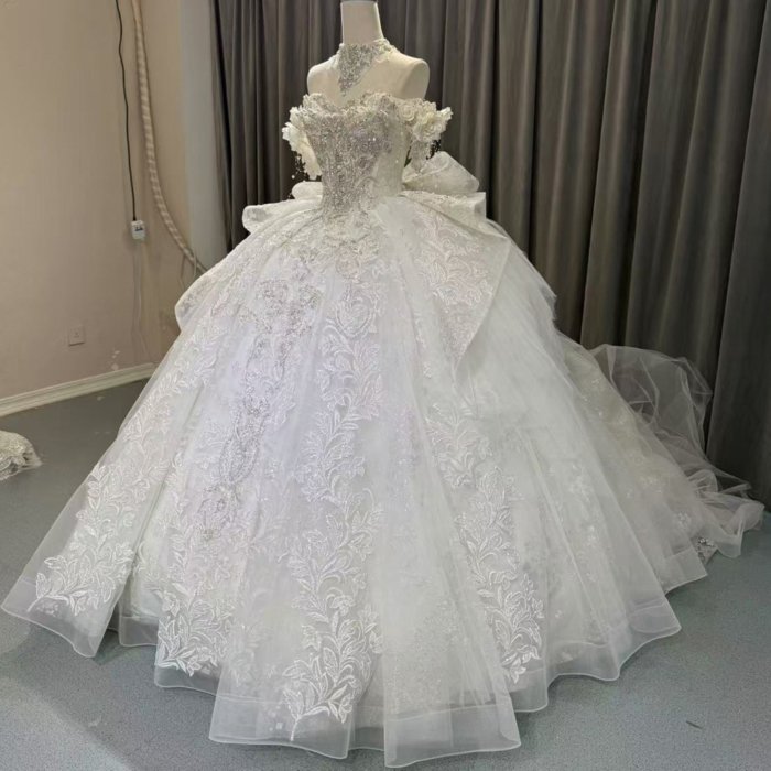 2025 Luxury Wedding Dress Elegant Bridal Gown Flowers Vestidos De Novias Sequined Beading Lace Off Shoulder Party Dress OY02