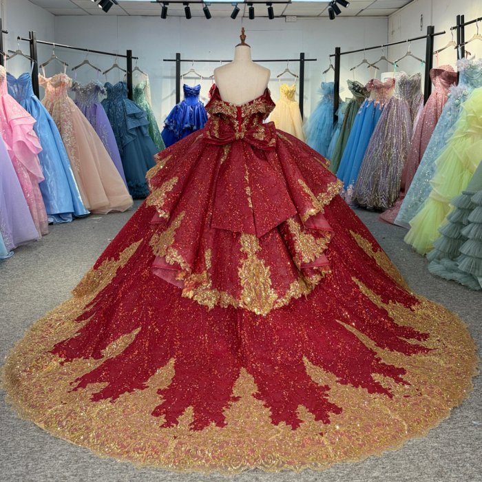2025 Red Gold Quinceanera Dress Sweet 15 Quinceañera Flowers Vestidos De 15 Años Sequined Beading Lace Evening Party Dress 20271 - Image 2