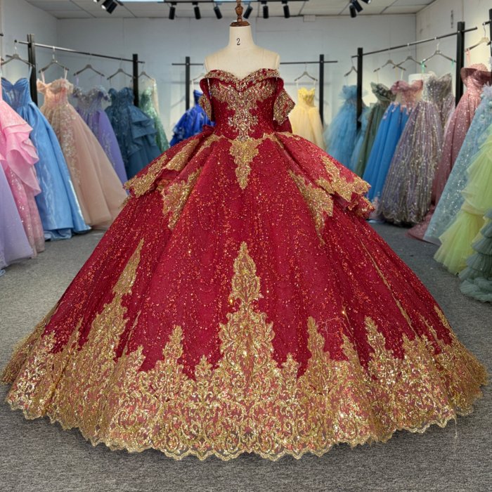 2025 Red Gold Quinceanera Dress Sweet 15 Quinceañera Flowers Vestidos De 15 Años Sequined Beading Lace Evening Party Dress 20271
