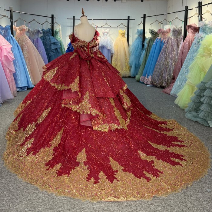 2025 Red Gold Quinceanera Dress Sweet 15 Quinceañera Flowers Vestidos De 15 Años Sequined Beading Lace Evening Party Dress 20271 - Image 6