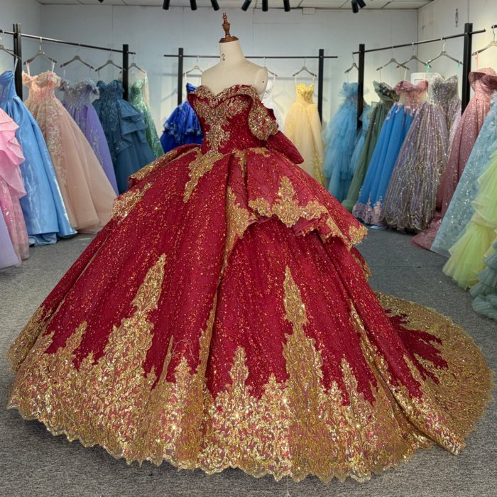 2025 Red Gold Quinceanera Dress Sweet 15 Quinceañera Flowers Vestidos De 15 Años Sequined Beading Lace Evening Party Dress 20271 - Image 5