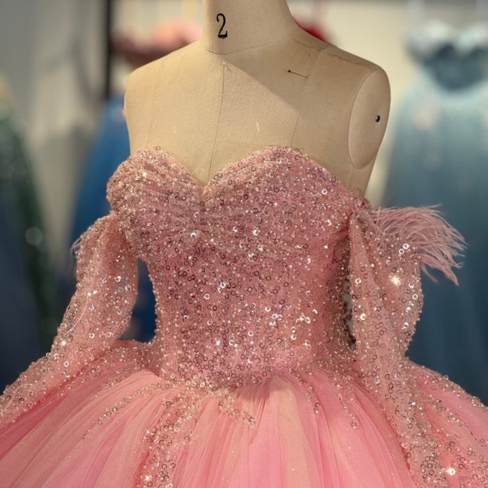 2025 Pink Quinceanera Dress Long Sleeves Sweet 15 Quinceañera Flowers Vestidos De 15 Años Sequined Beading Lace Evening Party Dress 20293 - Image 3