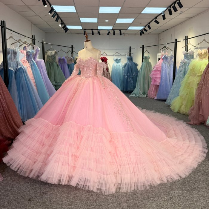 2025 Pink Quinceanera Dress Long Sleeves Sweet 15 Quinceañera Flowers Vestidos De 15 Años Sequined Beading Lace Evening Party Dress 20293 - Image 5