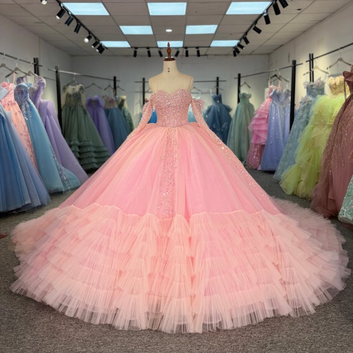 2025 Pink Quinceanera Dress Long Sleeves Sweet 15 Quinceañera Flowers Vestidos De 15 Años Sequined Beading Lace Evening Party Dress 20293