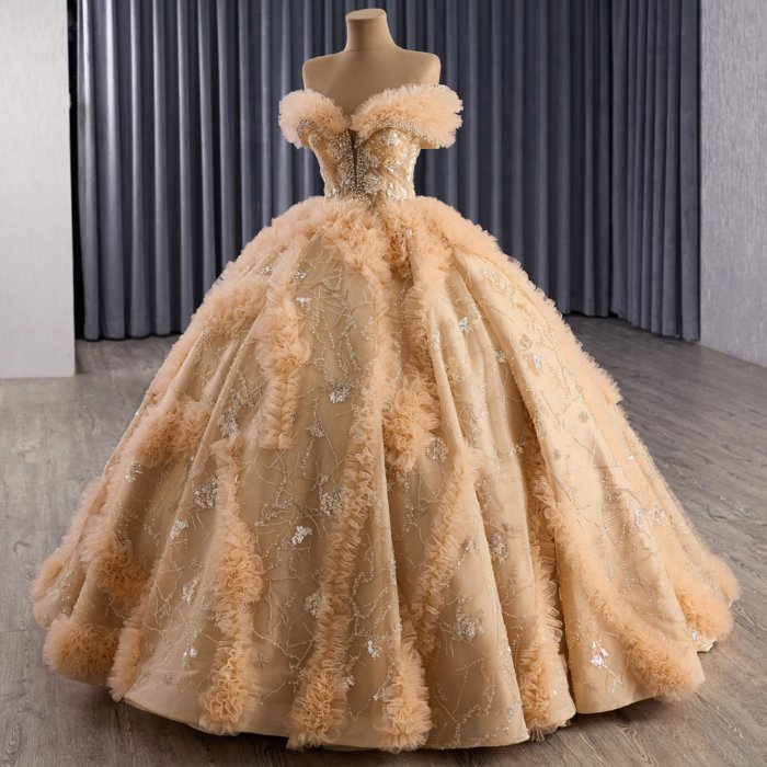 2025 Gold Quinceanera Dress Sweet 15 Quinceañera Flowers Vestidos De 15 Años Sequined Beading Lace Evening Party Dress 251067 - Image 5
