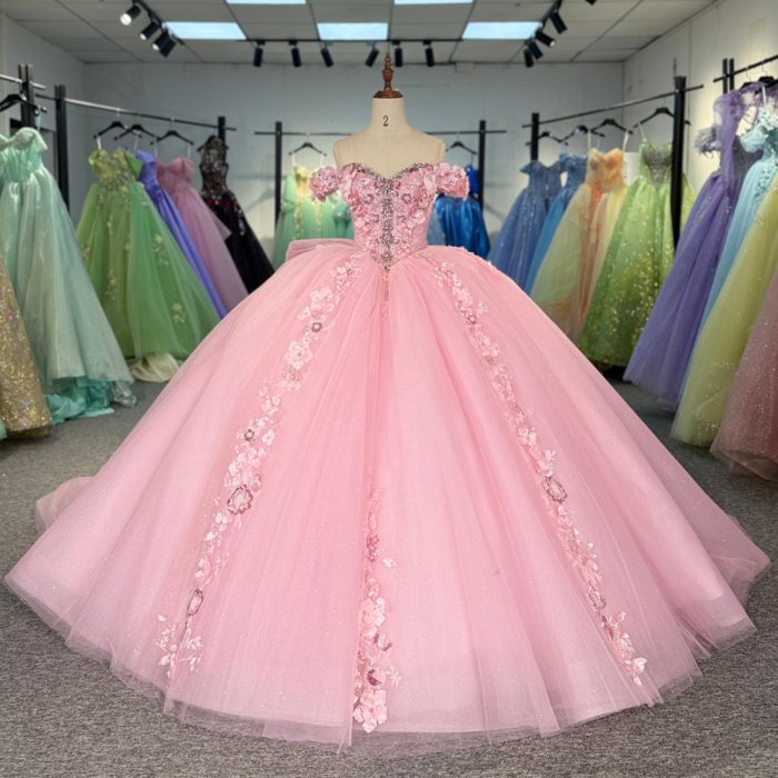 2025 Pink Quinceanera Dress Sweet 15 Off Shoulder Quinceañera Flowers Vestidos De 15 Años Sequined Beading Lace Evening Party Dress 6844