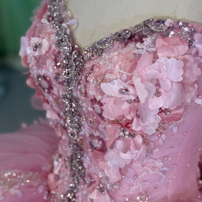 2025 Pink Quinceanera Dress Sweet 15 Off Shoulder Quinceañera Flowers Vestidos De 15 Años Sequined Beading Lace Evening Party Dress 6844 - Image 5