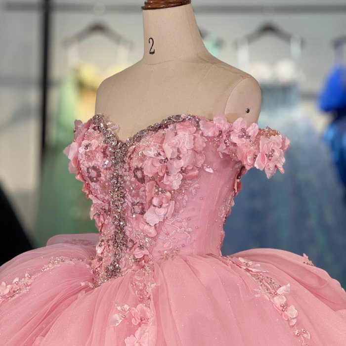 2025 Pink Quinceanera Dress Sweet 15 Off Shoulder Quinceañera Flowers Vestidos De 15 Años Sequined Beading Lace Evening Party Dress 6844 - Image 3