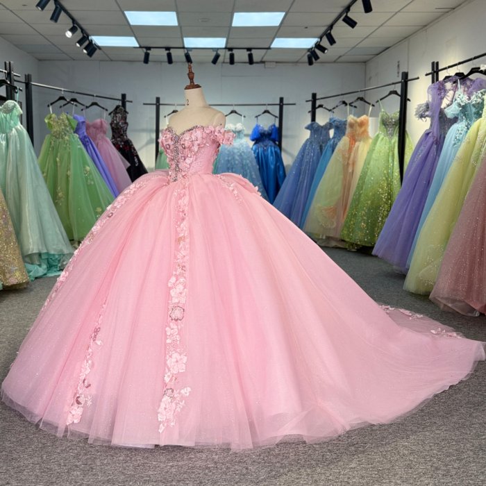 2025 Pink Quinceanera Dress Sweet 15 Off Shoulder Quinceañera Flowers Vestidos De 15 Años Sequined Beading Lace Evening Party Dress 6844 - Image 6