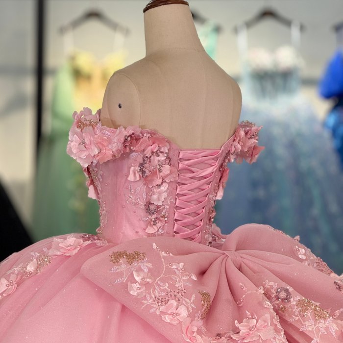 2025 Pink Quinceanera Dress Sweet 15 Off Shoulder Quinceañera Flowers Vestidos De 15 Años Sequined Beading Lace Evening Party Dress 6844 - Image 4