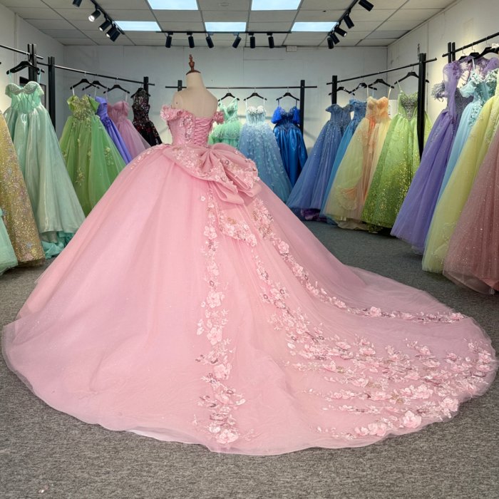 2025 Pink Quinceanera Dress Sweet 15 Off Shoulder Quinceañera Flowers Vestidos De 15 Años Sequined Beading Lace Evening Party Dress 6844 - Image 7