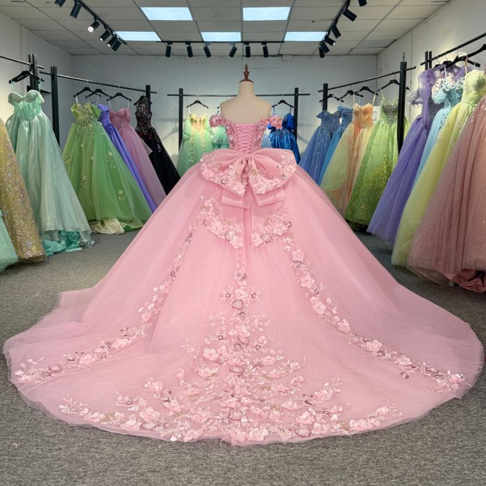 2025 Pink Quinceanera Dress Sweet 15 Off Shoulder Quinceañera Flowers Vestidos De 15 Años Sequined Beading Lace Evening Party Dress 6844 - Image 2