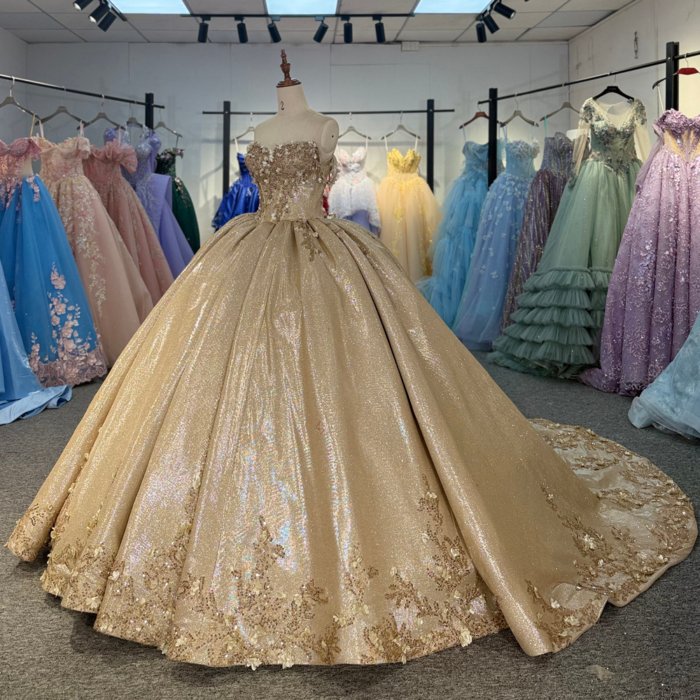 2025 Gold Quinceanera Dress Sweet 15 Quinceañera Flowers Vestidos De 15 Años Sequined Beading Lace Evening Party Dress 6850 - Image 5
