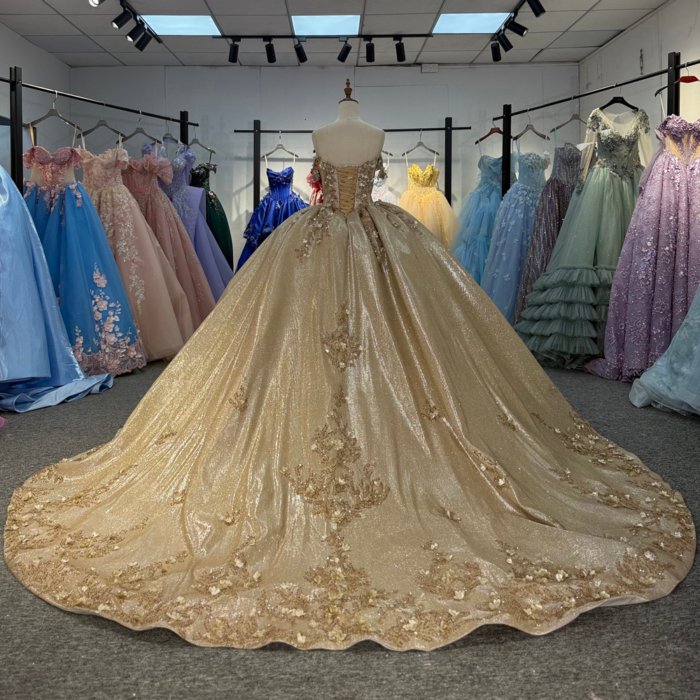 2025 Gold Quinceanera Dress Sweet 15 Quinceañera Flowers Vestidos De 15 Años Sequined Beading Lace Evening Party Dress 6850 - Image 2