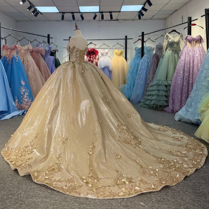2025 Gold Quinceanera Dress Sweet 15 Quinceañera Flowers Vestidos De 15 Años Sequined Beading Lace Evening Party Dress 6850 - Image 6