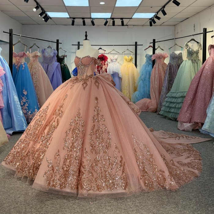 2025 Rose Gold Quinceanera Dress Sweet 15 Quinceañera Off Shoulder Flowers Vestidos De 15 Años Sequined Beading Lace Evening Party Dress 6888 - Image 5