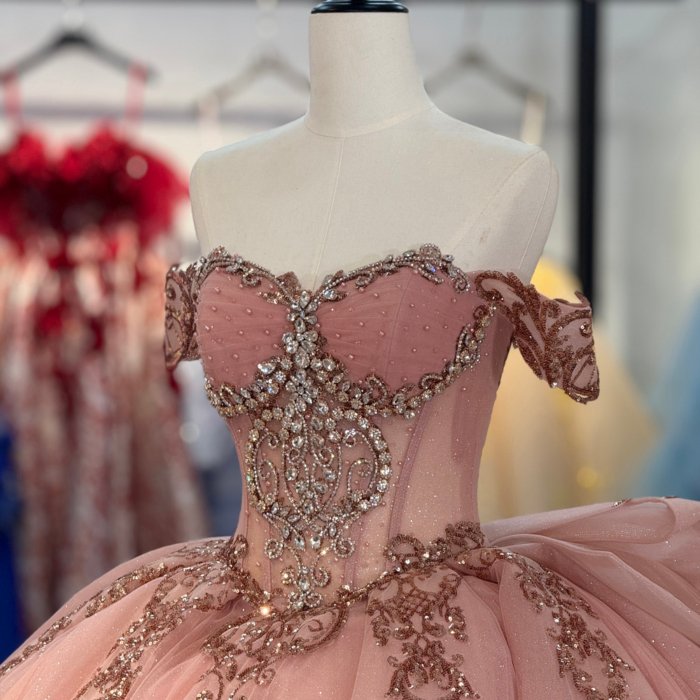 2025 Rose Gold Quinceanera Dress Sweet 15 Quinceañera Off Shoulder Flowers Vestidos De 15 Años Sequined Beading Lace Evening Party Dress 6888 - Image 3
