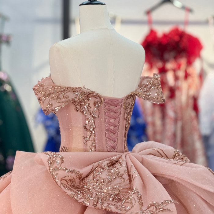 2025 Rose Gold Quinceanera Dress Sweet 15 Quinceañera Off Shoulder Flowers Vestidos De 15 Años Sequined Beading Lace Evening Party Dress 6888 - Image 4