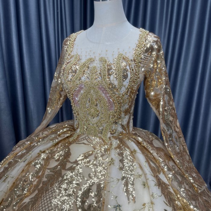 2025 Gold Wedding Dress Elegant Bridal Gown Flowers Vestidos De Novias Sequined Beading Lace Evening Party Dress Nigeria CM02 - Image 3