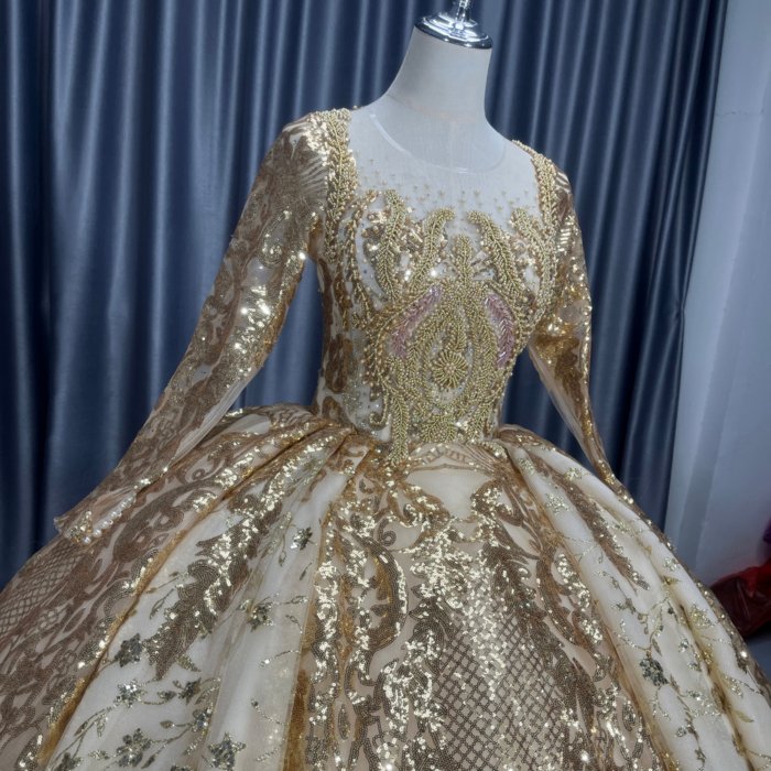 2025 Gold Wedding Dress Elegant Bridal Gown Flowers Vestidos De Novias Sequined Beading Lace Evening Party Dress Nigeria CM02 - Image 2