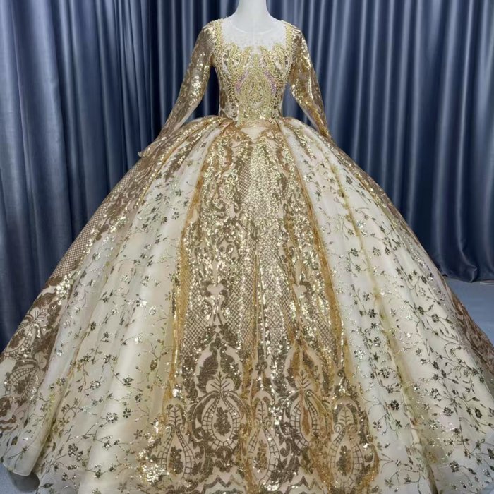 2025 Gold Wedding Dress Elegant Bridal Gown Flowers Vestidos De Novias Sequined Beading Lace Evening Party Dress Nigeria CM02
