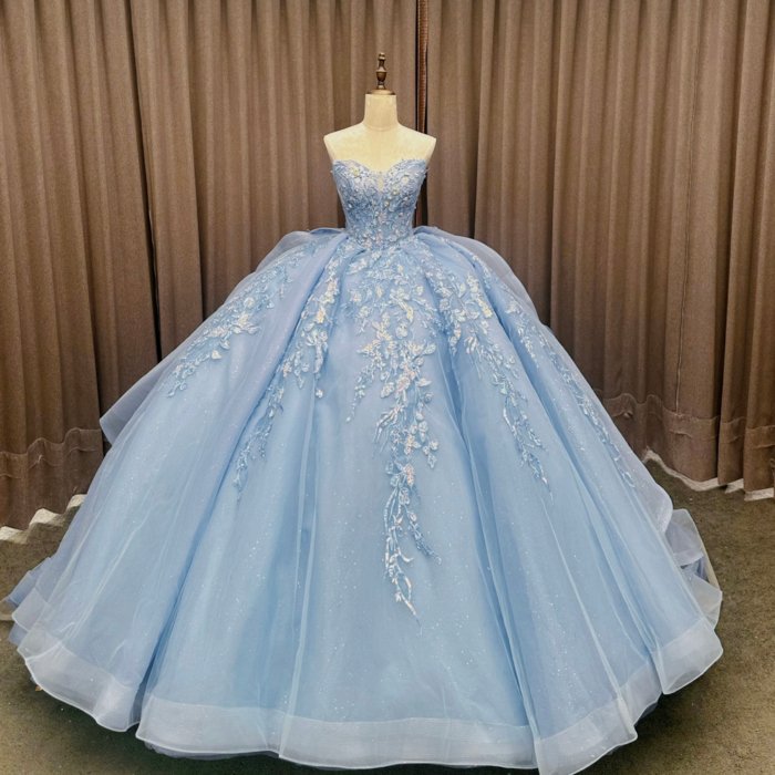 2025 Blue Strapless Quinceanera Dress Sweet 15 Quinceañera Flowers Vestidos De 15 Años Sequined Beading Lace Evening Party Dress MW79