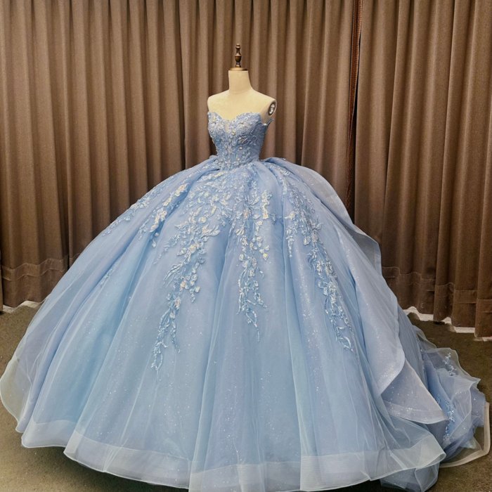 2025 Blue Strapless Quinceanera Dress Sweet 15 Quinceañera Flowers Vestidos De 15 Años Sequined Beading Lace Evening Party Dress MW79 - Image 5