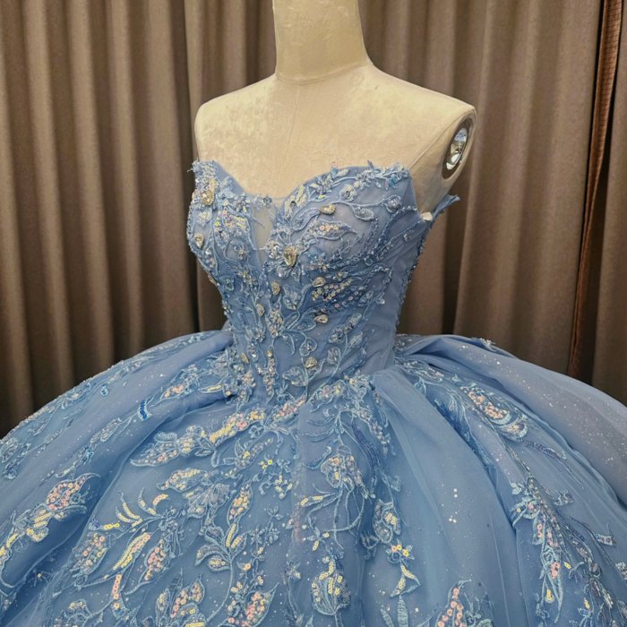 2025 Blue Strapless Quinceanera Dress Sweet 15 Quinceañera Flowers Vestidos De 15 Años Sequined Beading Lace Evening Party Dress MW79 - Image 3