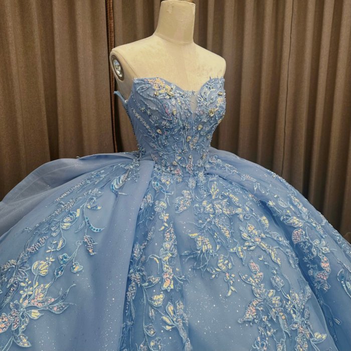 2025 Blue Strapless Quinceanera Dress Sweet 15 Quinceañera Flowers Vestidos De 15 Años Sequined Beading Lace Evening Party Dress MW79 - Image 6