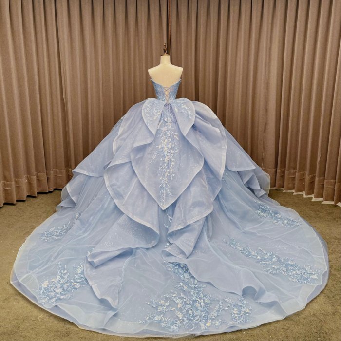 2025 Blue Strapless Quinceanera Dress Sweet 15 Quinceañera Flowers Vestidos De 15 Años Sequined Beading Lace Evening Party Dress MW79 - Image 2