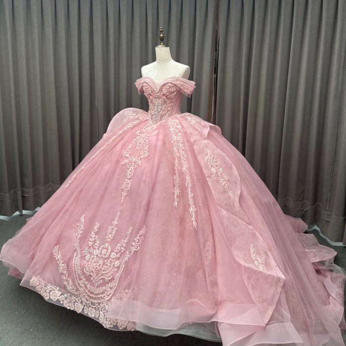 2025 Pink Quinceanera Dress Off Shoulder Sweet 15 Quinceañera Flowers Vestidos De 15 Años Sequined Beading Lace Evening Party Dress MW80 - Image 6